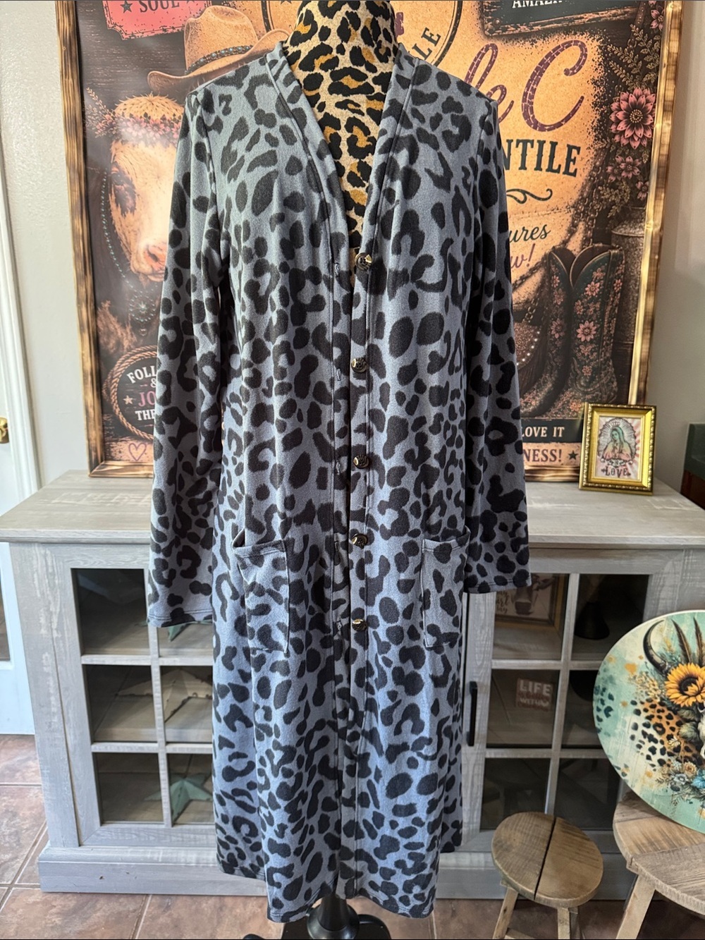 CELESTE  Long Leopard-Print Button Front Coatigan - Gray/Black Sz 1XL